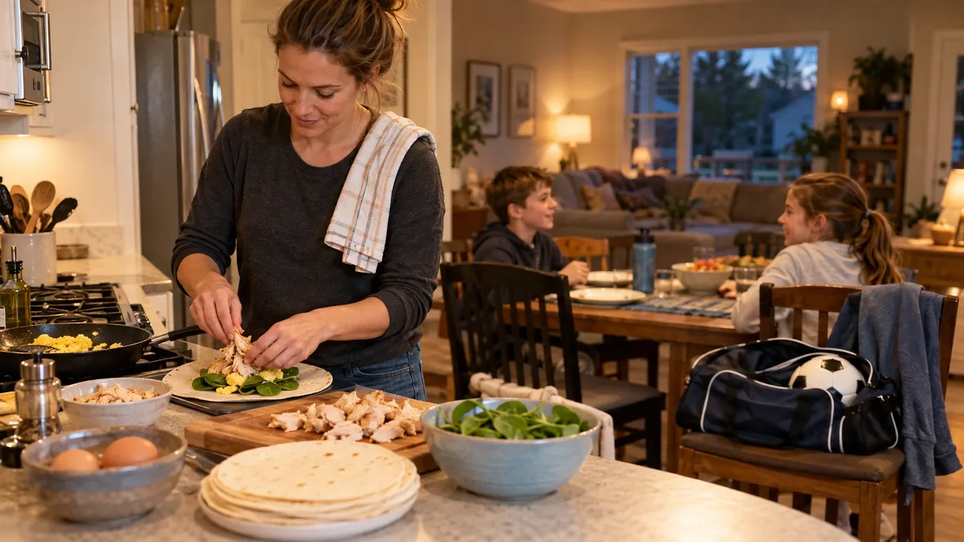 A parent preparing a quick family dinner after work